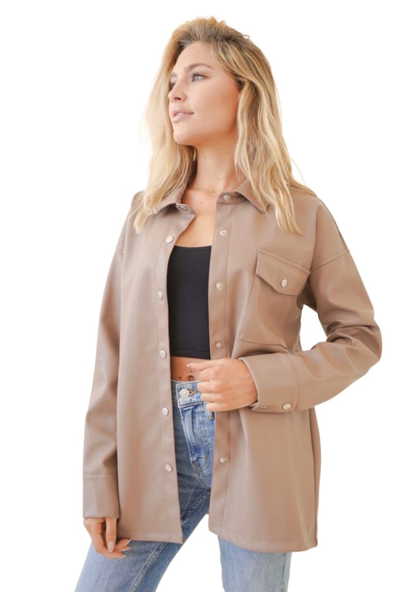 Apparel- Hem and Thread Leather Button Down Oversized Shirt Jacket