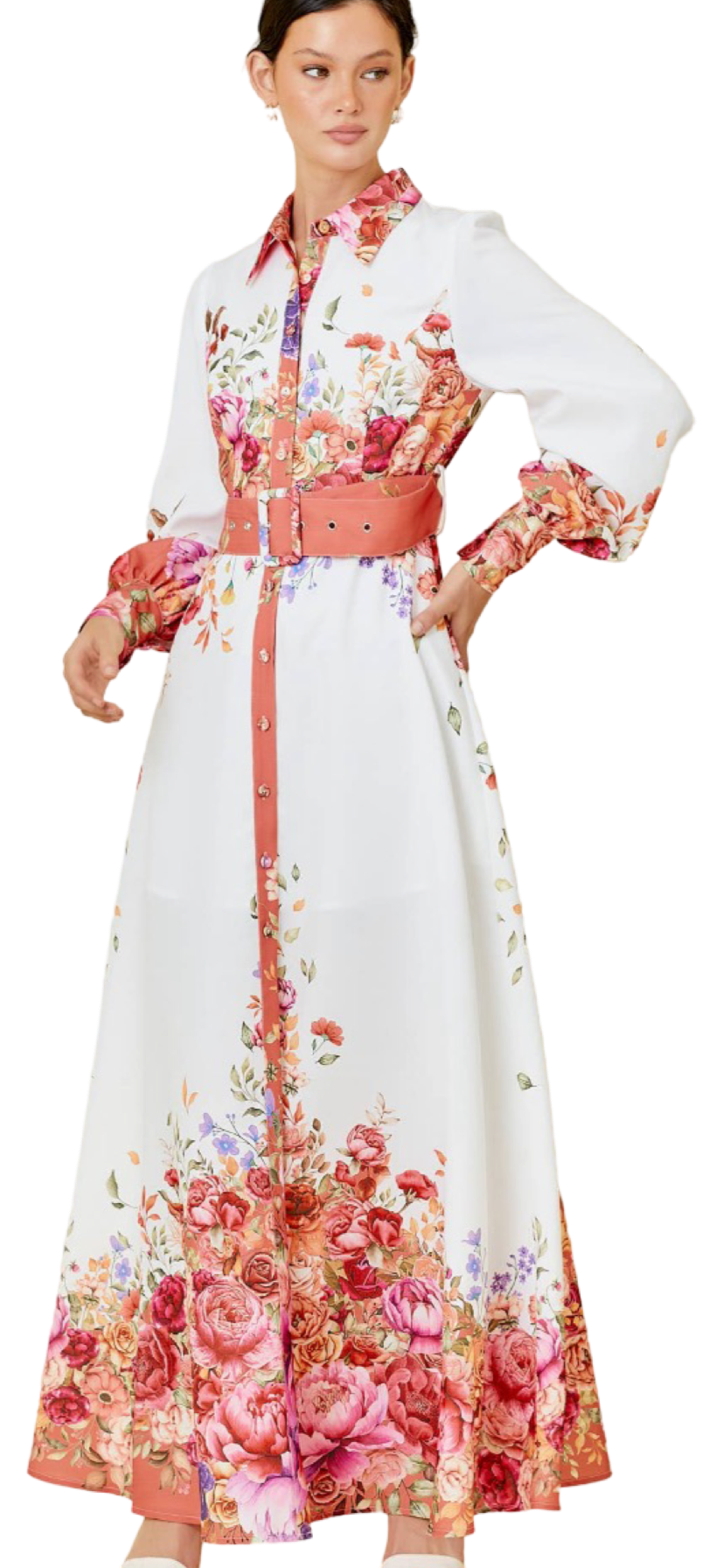 Apparel- Main Strip Collar Maxi Dress With Floral Border Print