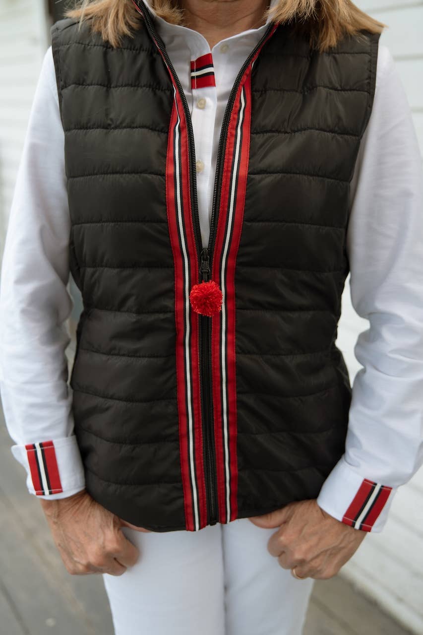 Apparel- Pearly Vine Maggie May Puffer Vest Black w Black, White & Red Stripe