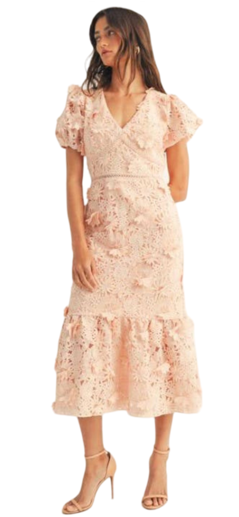 Apparel- Just Me 3D Floral All Over V Neck Midi Dress