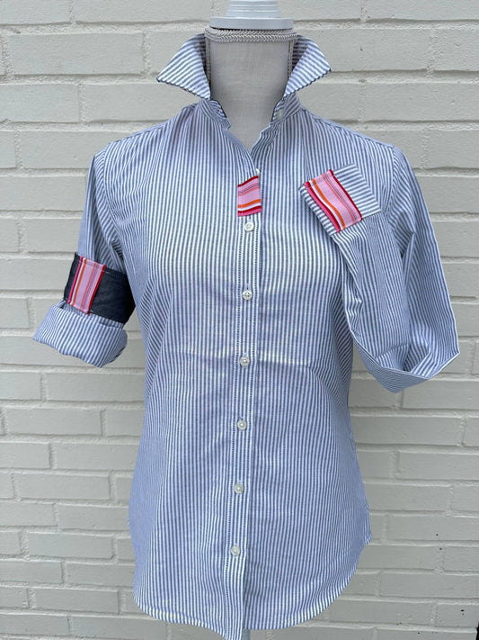 Apparel- Pearly Vines Casie 2 - Striped Oxford w/Black, Pink & Orange Ribbon