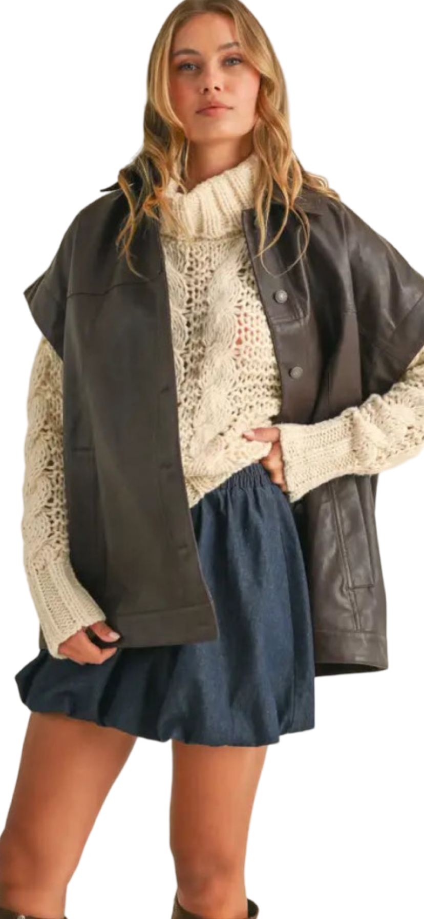 Apparel- Klesis Oversized Faux Leather Jacket Vest with Pockets