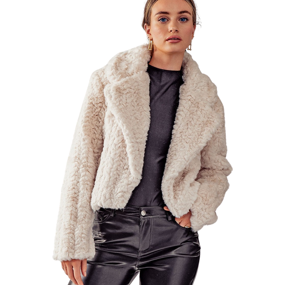 Apparel- Blu Pepper Open Front Collard Teddy Fur Jacket