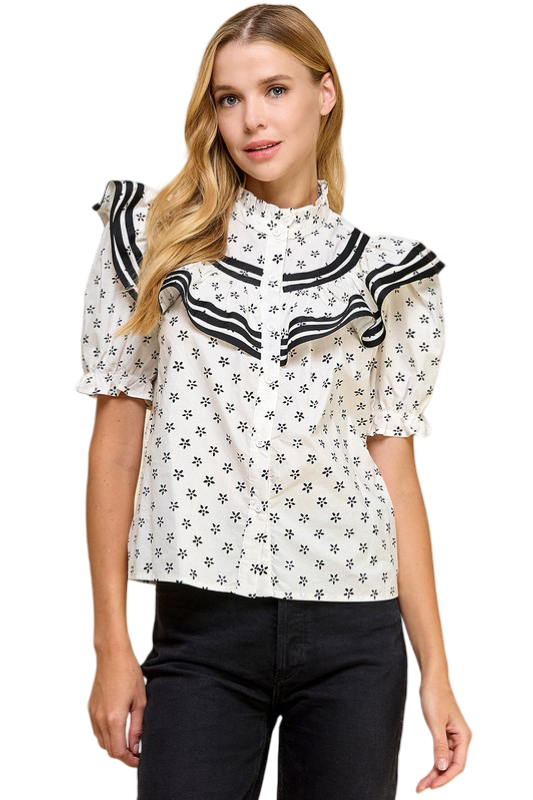 Apparel- TCEC Floral Ruffle Detail Button Up Top