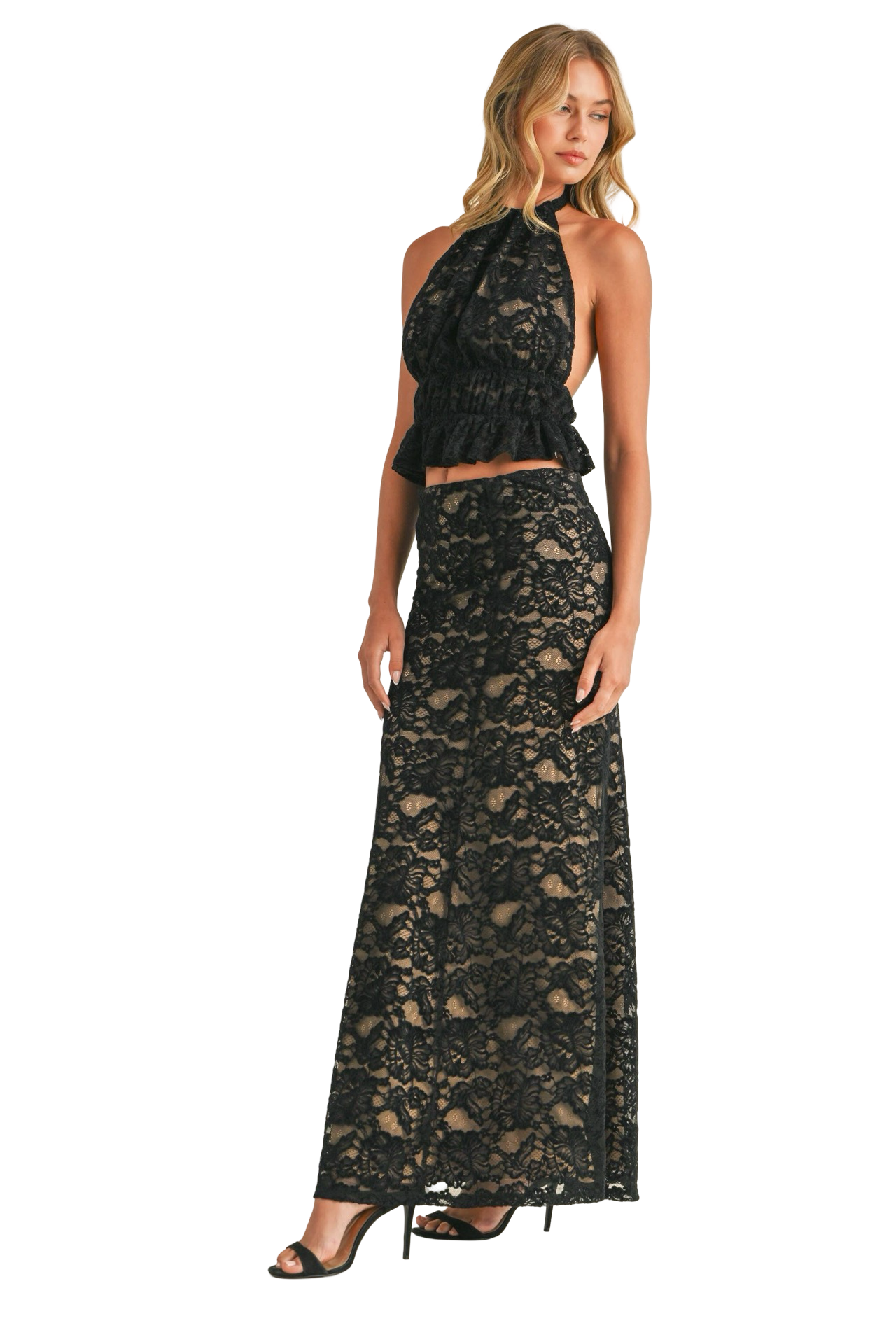 Apparel- Klesis Lace Halter Open Back Top and Maxi Skirt Set