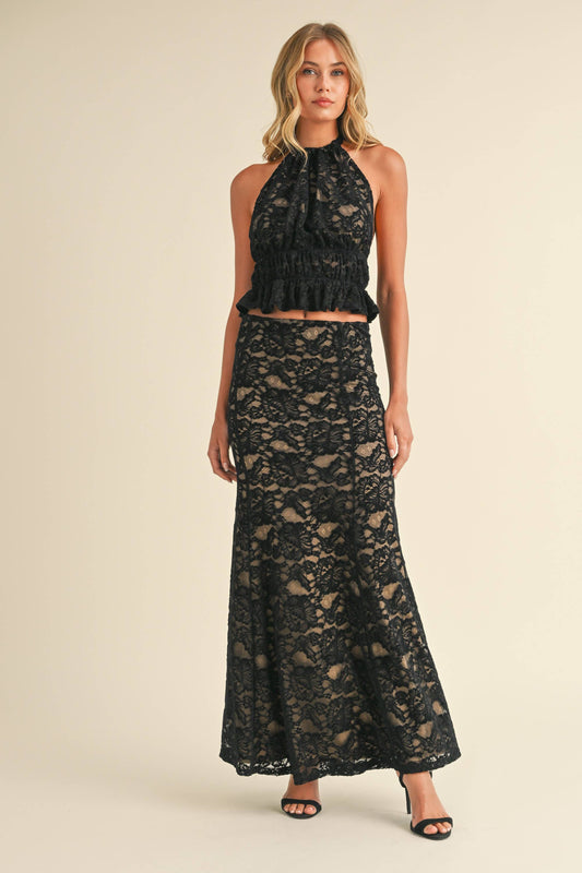 Apparel- Klesis Lace Halter Open Back Top and Maxi Skirt Set