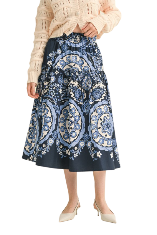 Apparel- En Merci  Printed High Rise Midi Skirt