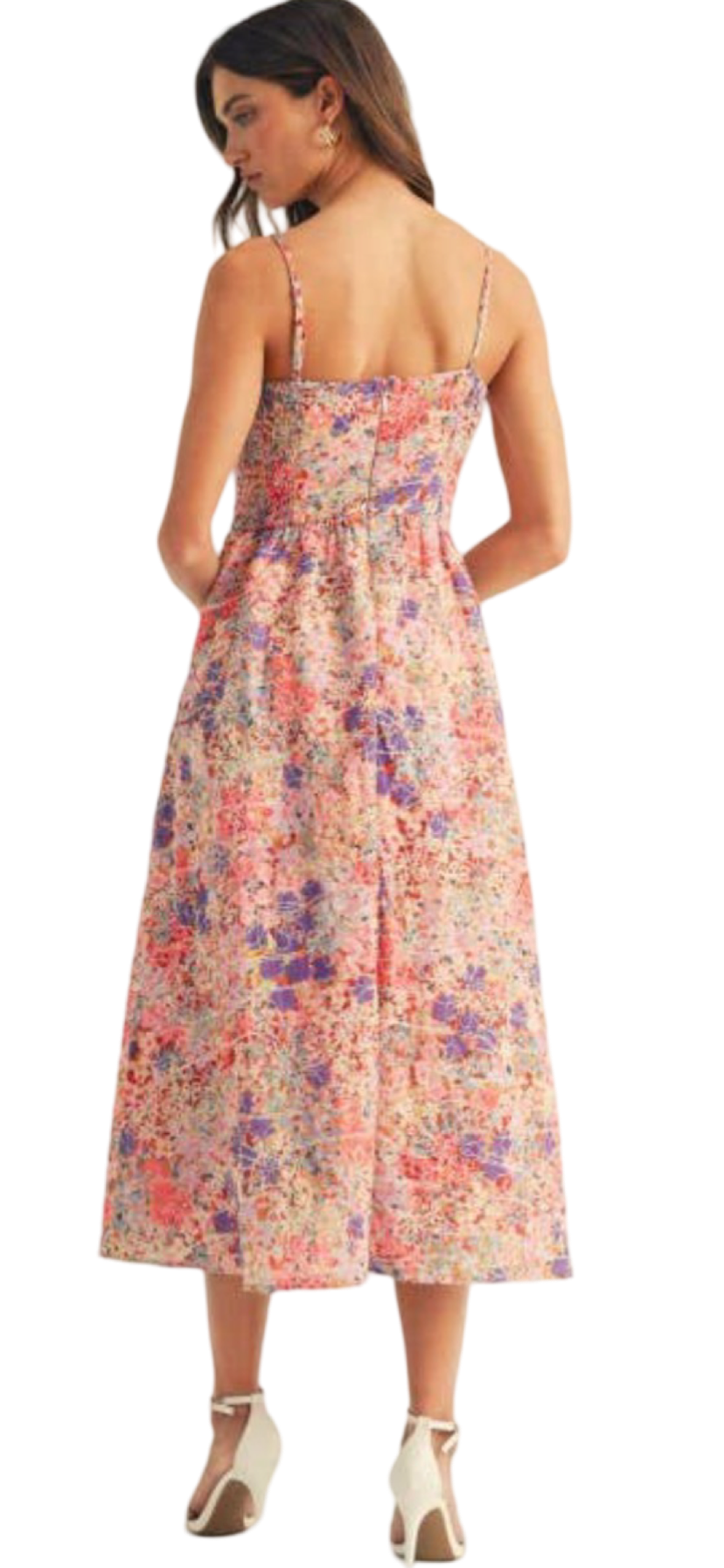 Apparel- Just Me Floral Print Smocked Bodice Midi Dress