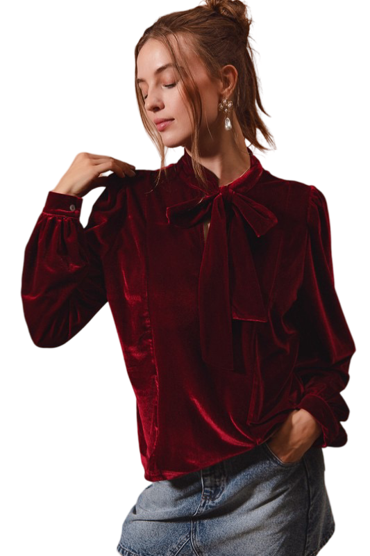 Apparel- So Me Bow Tie Neck Velvet Top with Puffed Sleeves