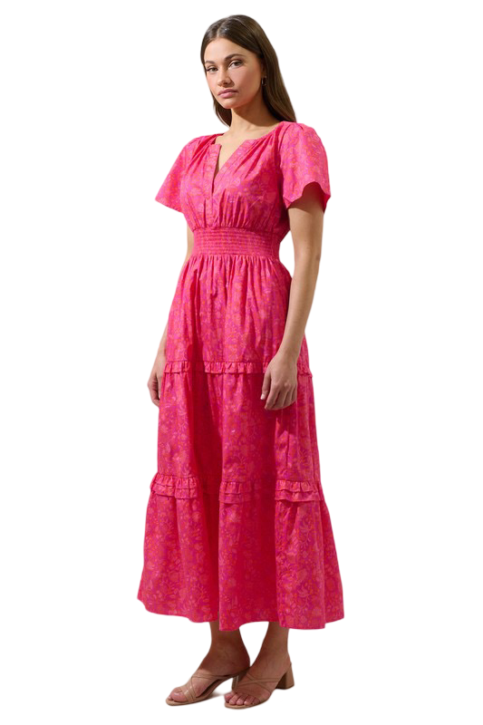 Apparel- Sugarlips Cerise Floral Palmer Poplin Tiered Maxi Dress