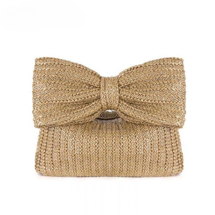 Bags- Peach Summer Serenade Straw Beach Bow Clutch