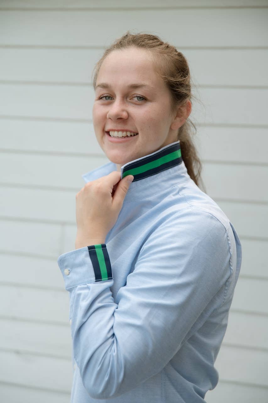 Apparel- Pearly Vine Casie 2 Blue Oxford w/Navy & Green Stripe Ribbon