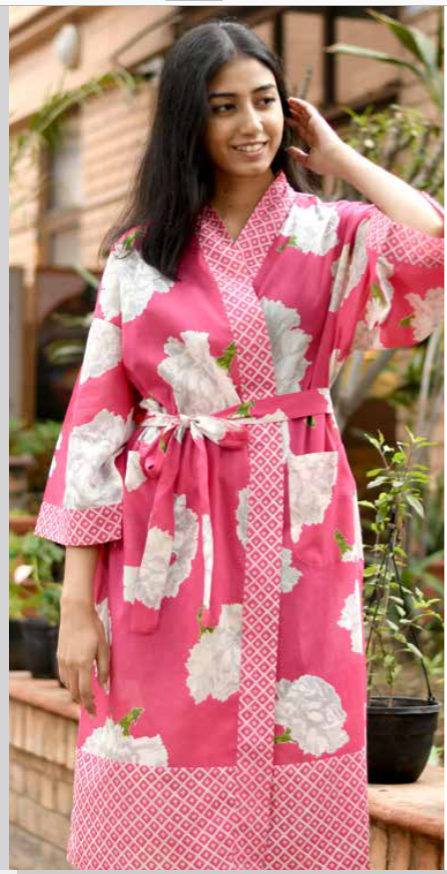 Apparel- Handprint Carnation Pink Kimono