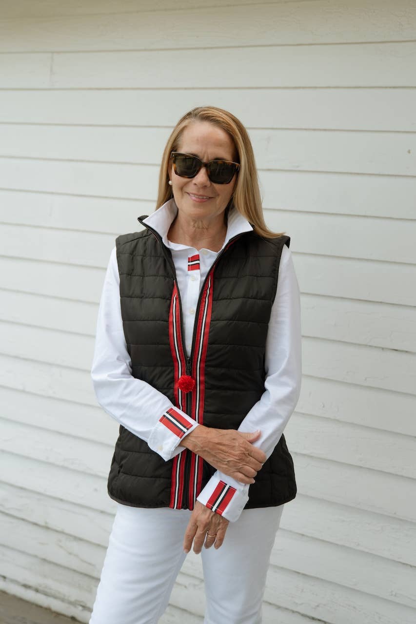 Apparel- Pearly Vine Maggie May Puffer Vest Black w Black, White & Red Stripe