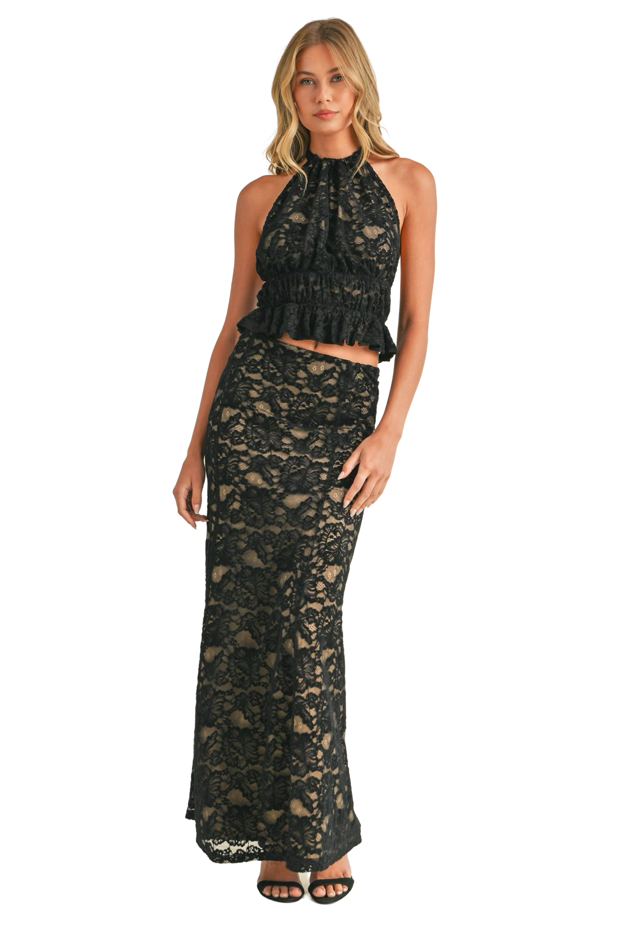 Apparel- Klesis Lace Halter Open Back Top and Maxi Skirt Set