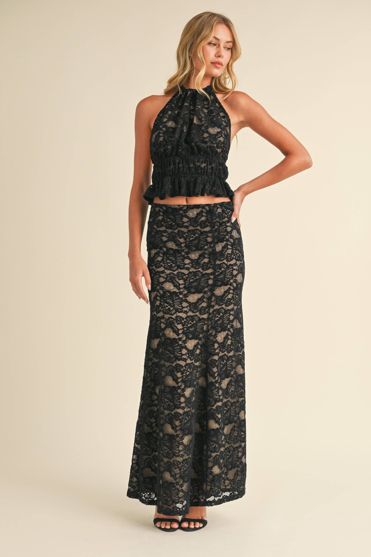 Apparel- Klesis Lace Halter Open Back Top and Maxi Skirt Set