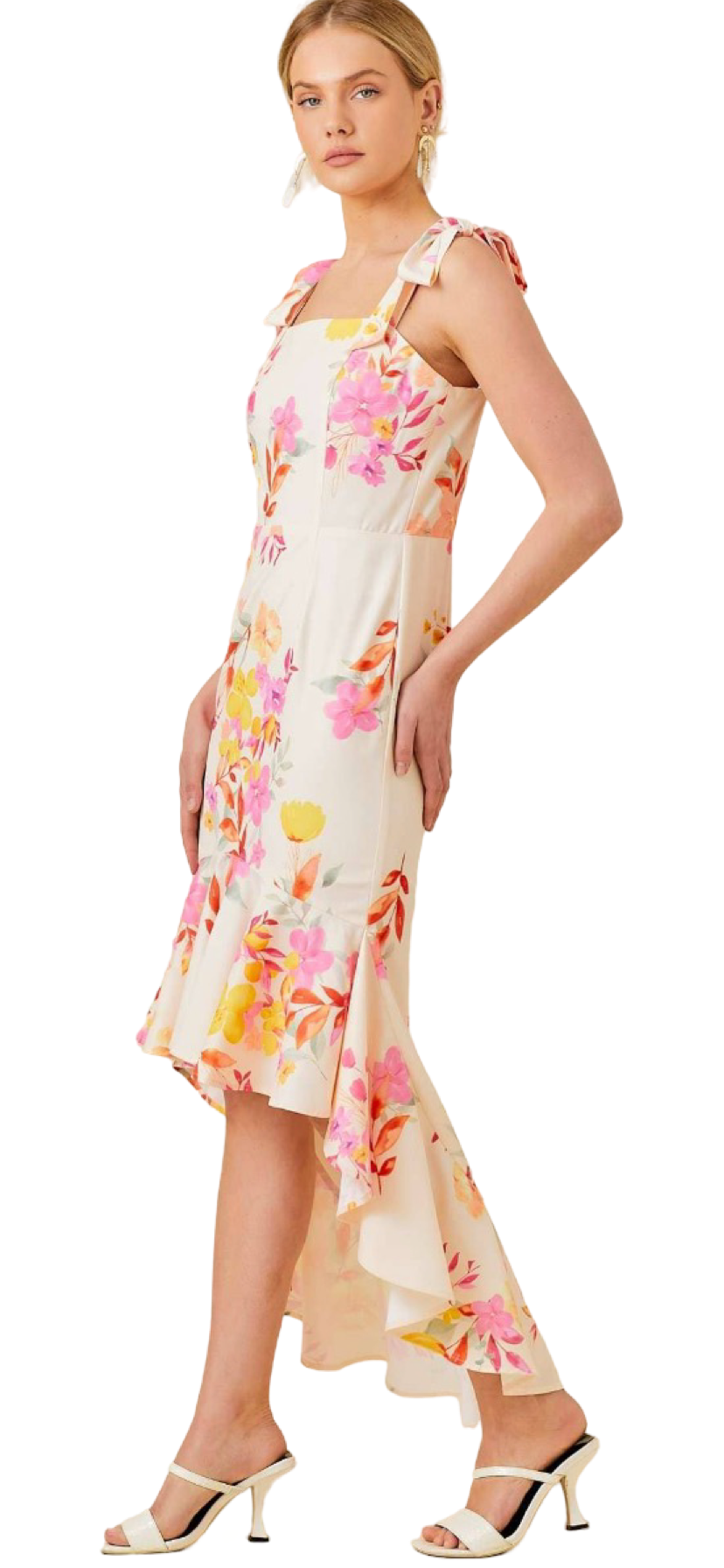 Apparel- Main Strip Floral Printed High-Low Ruffled Dress