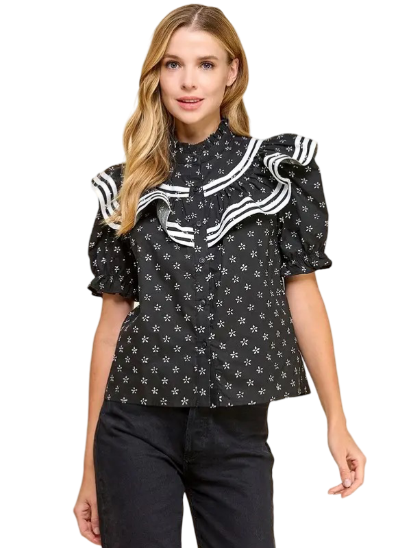 Apparel- TCEC Floral Ruffle Detail Button Up Top