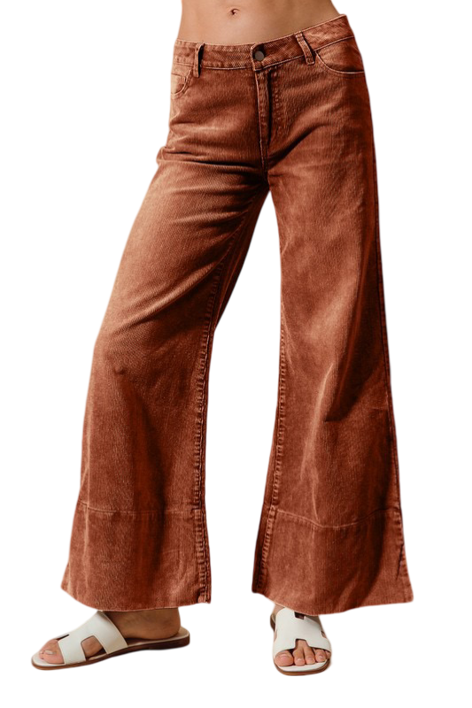 Apparel- Wide Leg Flared Washed Corduroy Pants