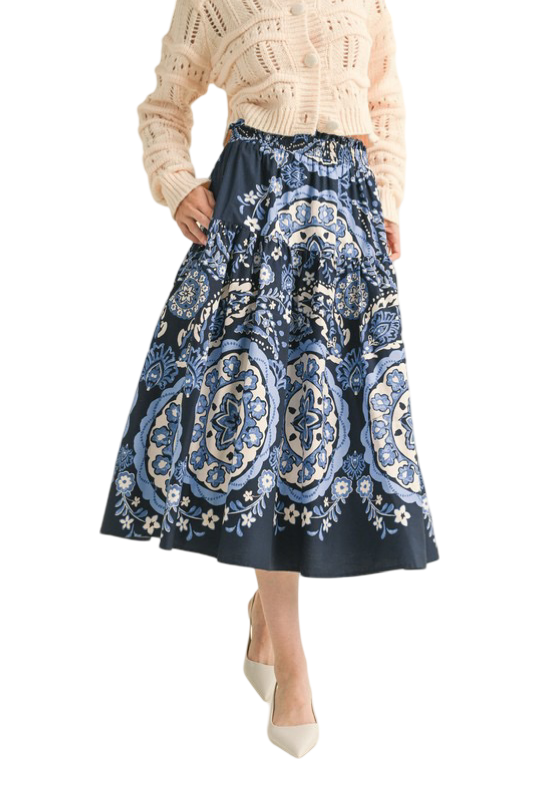 Apparel- En Merci  Printed High Rise Midi Skirt