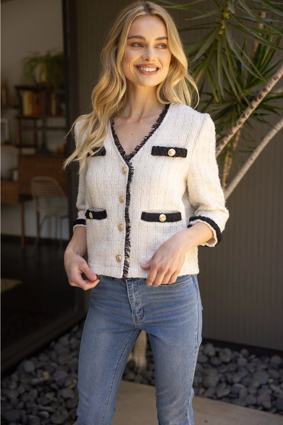 Apparel- VOY Contrast Braid Gold Button Accent Tweed Jacket