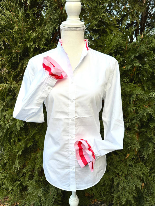 Apparel- Pearly Vine Dionne Ruffle Ribbon Trim Shirt White w Pink & Red Ribbon