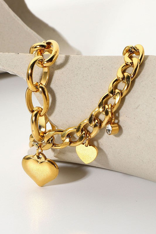 Bracelets- M&E Bling Stainless Steel Heart Pendant Chain Bracelet