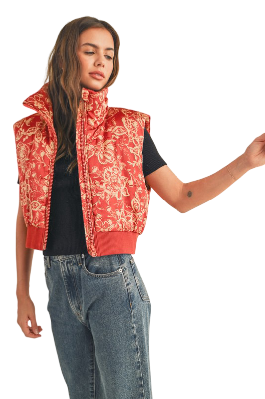 Apparel- En Merci Floral Cropped Puffer Vest