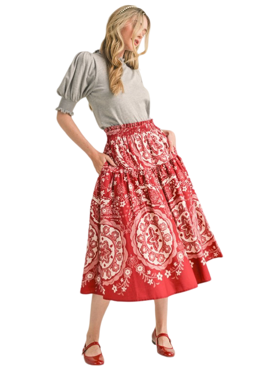 Apparel- En Merci  Printed High Rise Midi Skirt