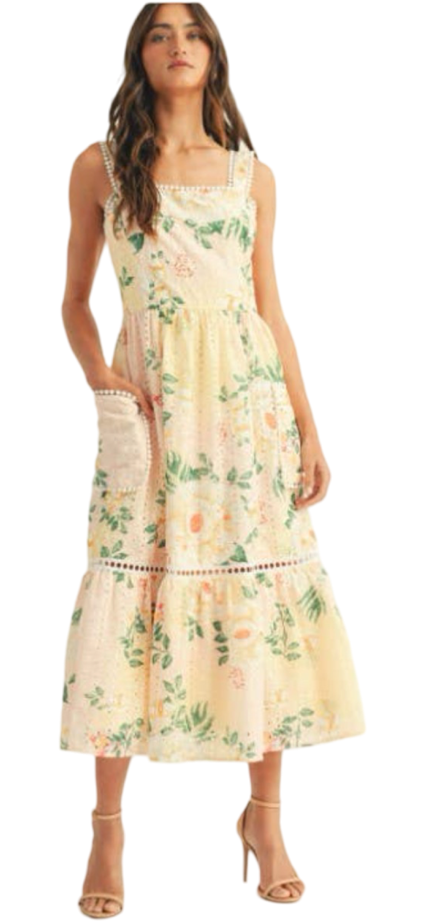 Apparel- Just Me Floral Printed Embroidered Sleeveless Midi Dress