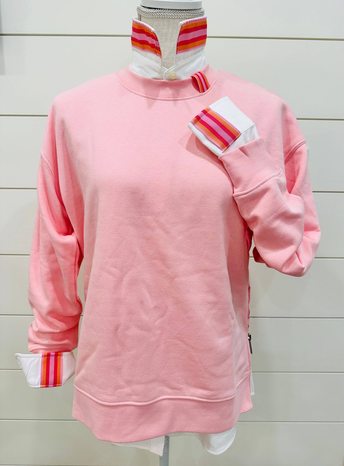 Apparel- Pearly Vine Danny Sweatshirt Pink w Pink & Orange Stripe Ribbon