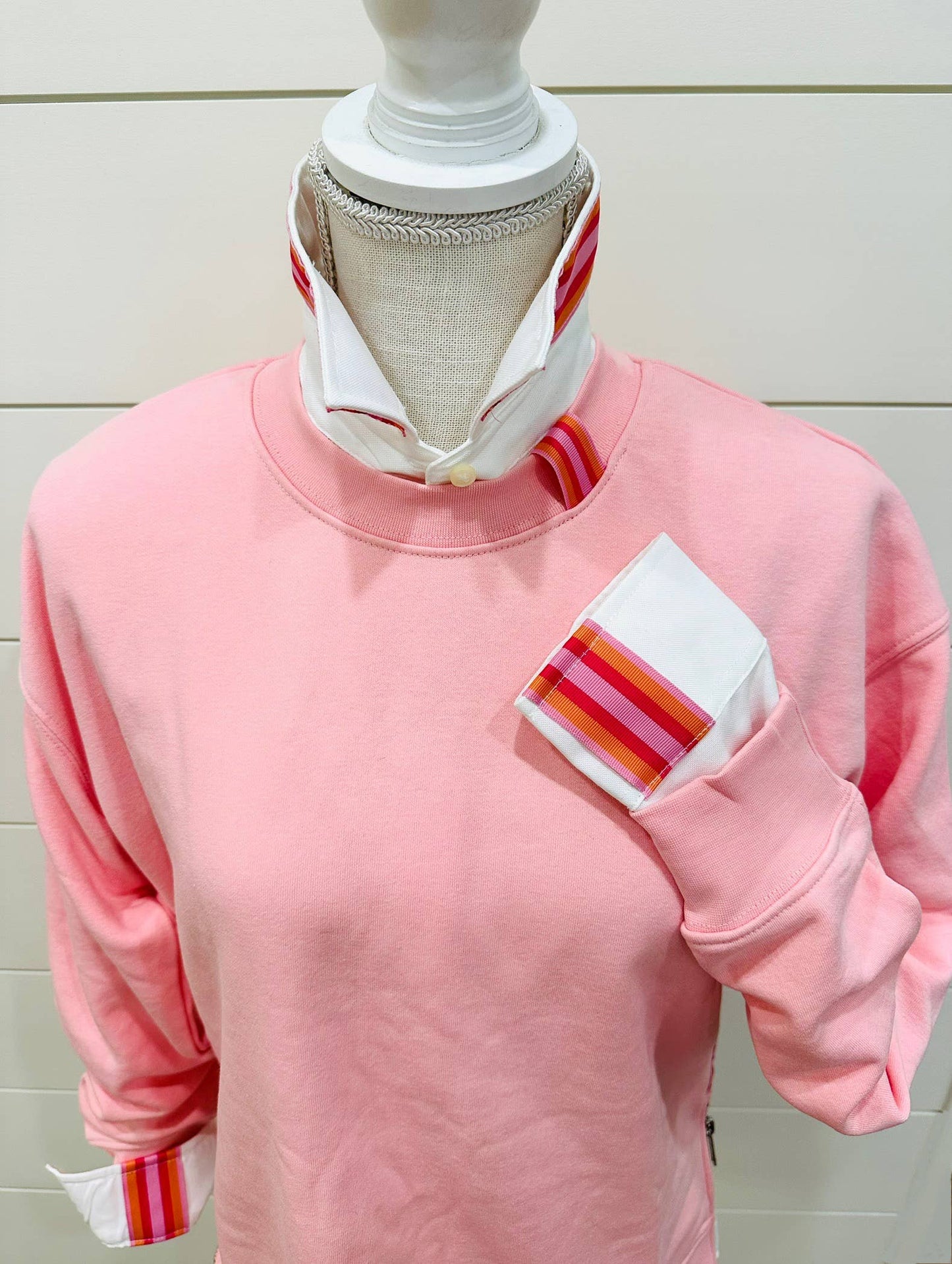 Apparel- Pearly Vine Danny Sweatshirt Pink w Pink & Orange Stripe Ribbon