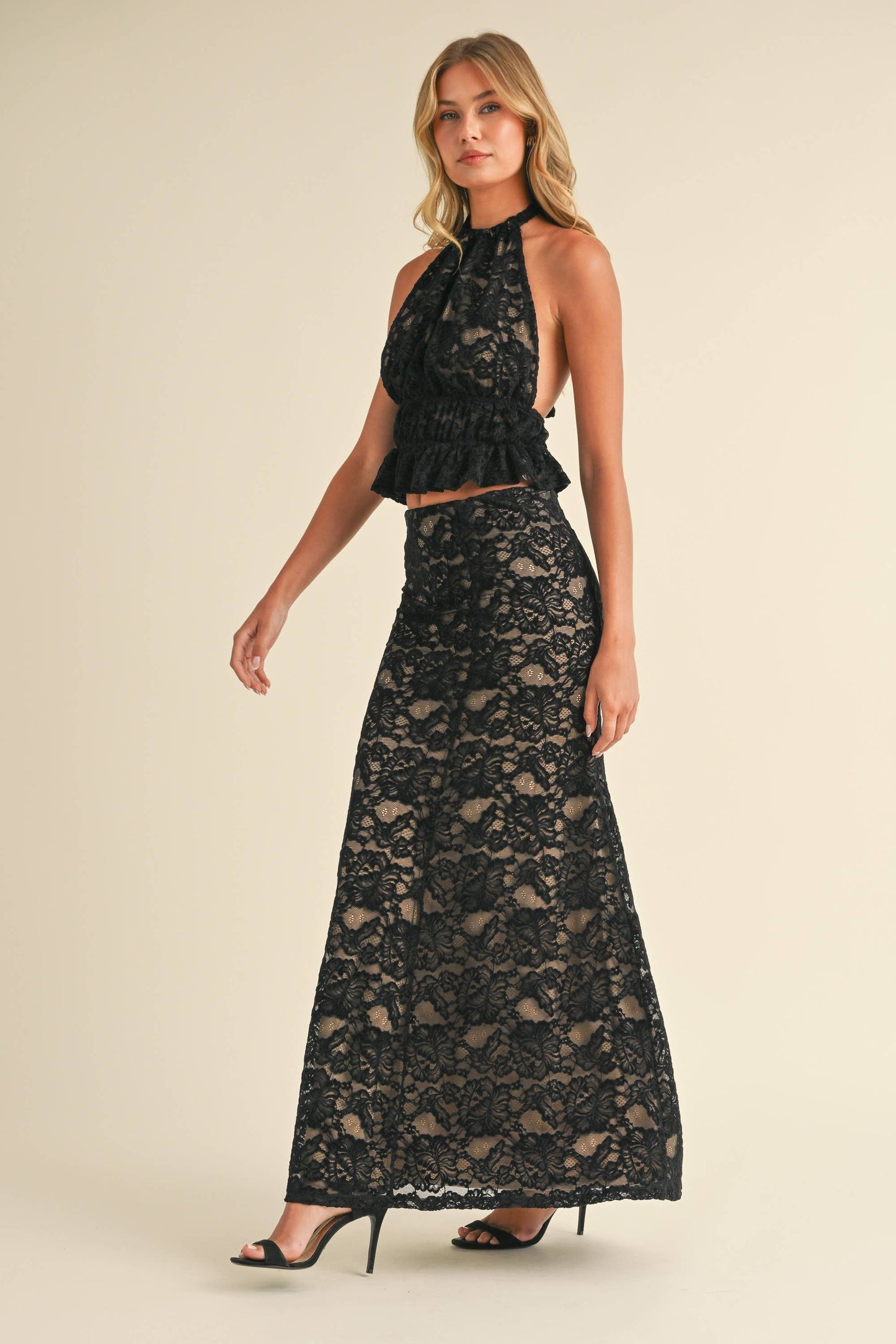 Apparel- Klesis Lace Halter Open Back Top and Maxi Skirt Set