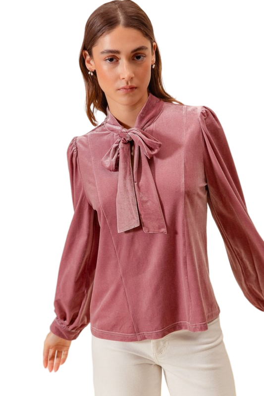 Apparel- So Me Bow Tie Neck Velvet Top with Puffed Sleeves