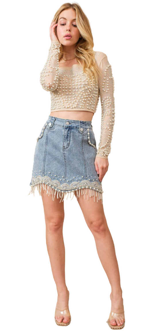 Apparel- Blue B. Stretch Denim Embellished Pearl Fringe Mini Skirt