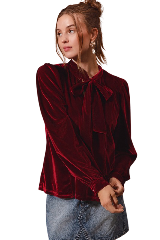 Apparel- So Me Bow Tie Neck Velvet Top with Puffed Sleeves