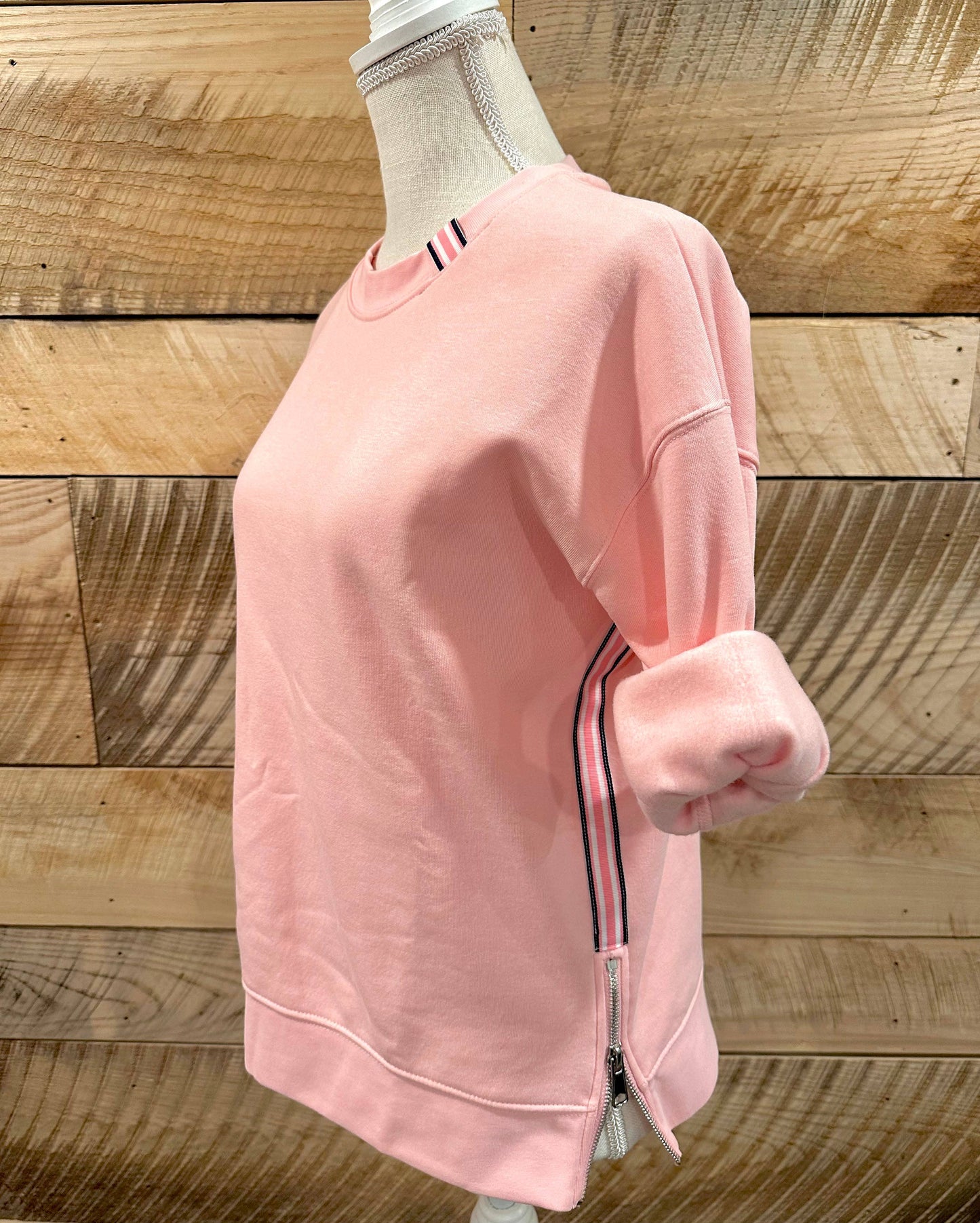 Apparel- Pearly Vine Danny Sweatshirt Pink w Navy, White & Pink Stripe Ribbon