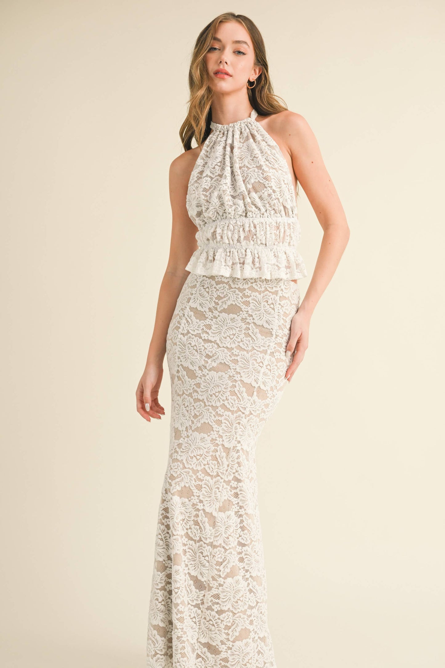 Apparel- Klesis Lace Halter Open Back Top and Maxi Skirt Set