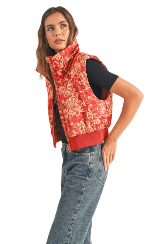 Apparel- En Merci Floral Cropped Puffer Vest