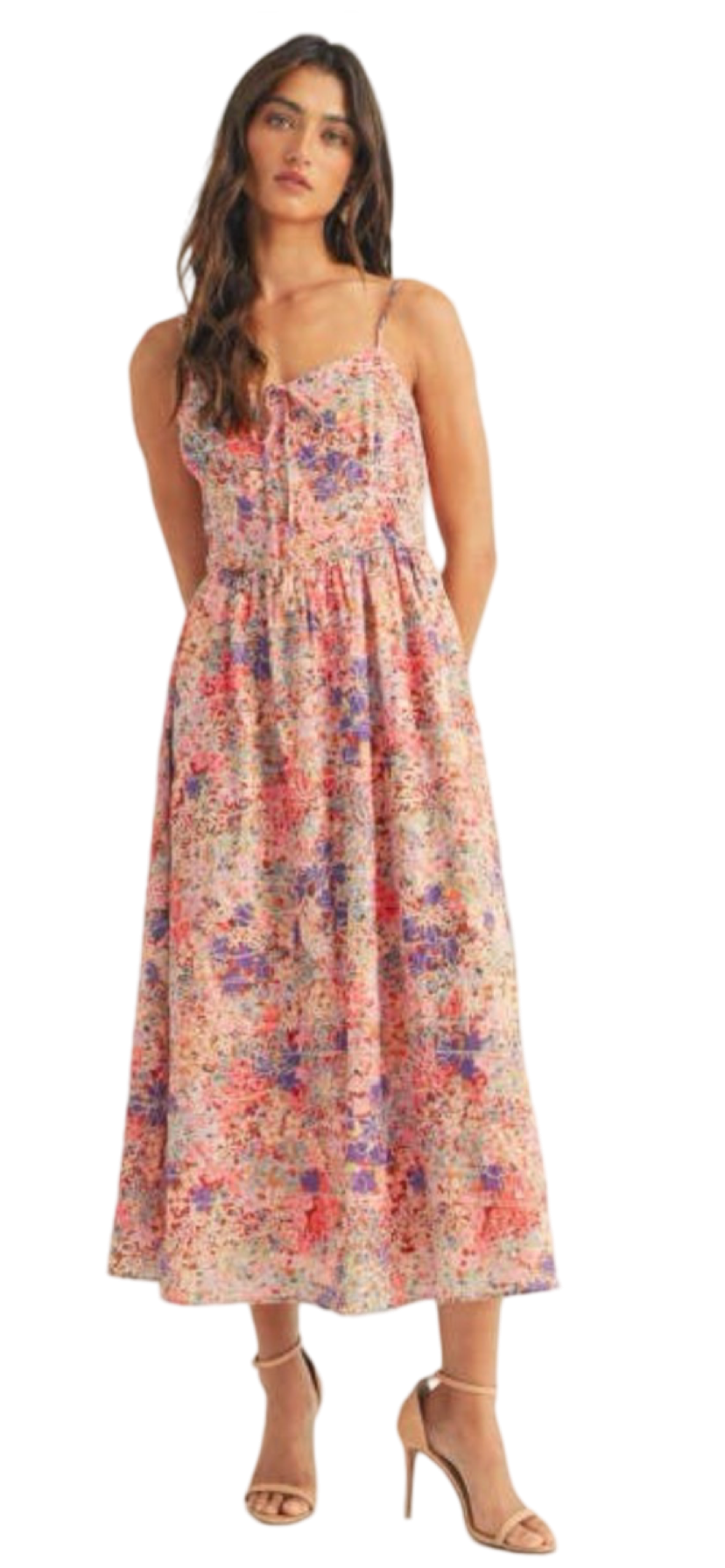 Apparel- Just Me Floral Print Smocked Bodice Midi Dress