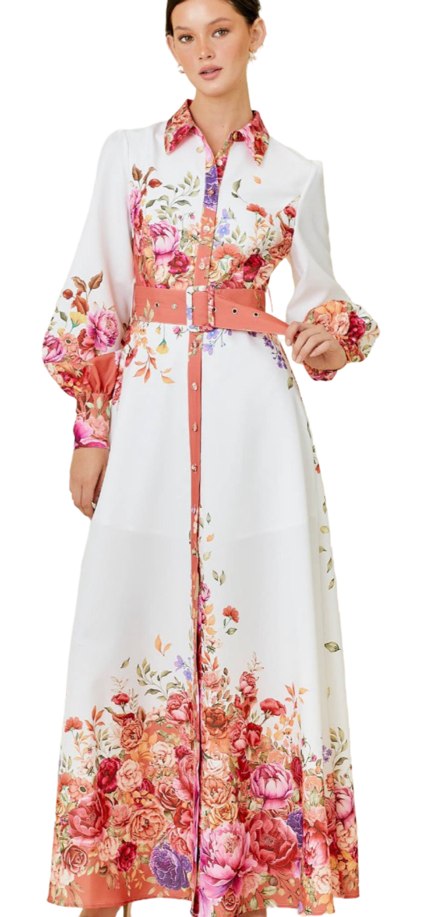 Apparel- Main Strip Collar Maxi Dress With Floral Border Print