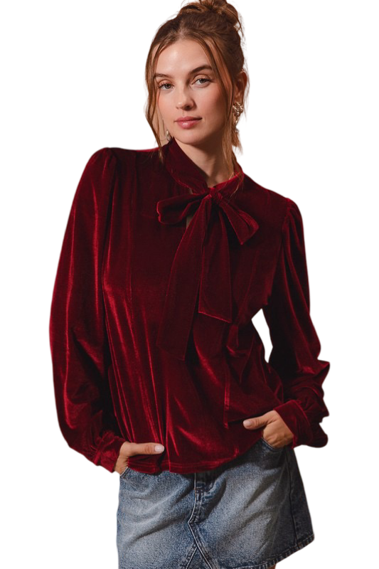 Apparel- So Me Bow Tie Neck Velvet Top with Puffed Sleeves