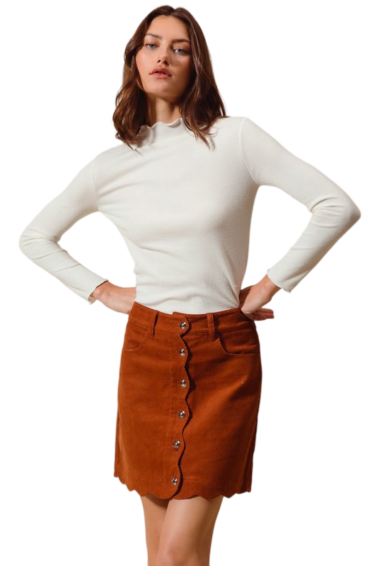 Apparel- So Me Scalloped Button Front Corduroy Mini Skirt