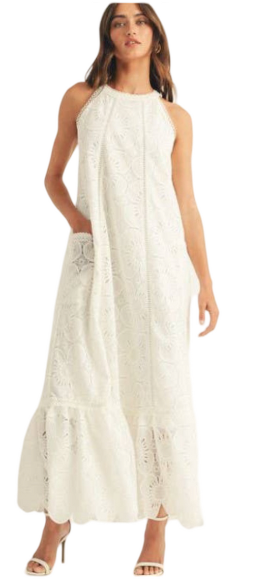 Apparel- Just Me Embroidered Detail Halter Neck Ruffle Bottom Maxi Dress