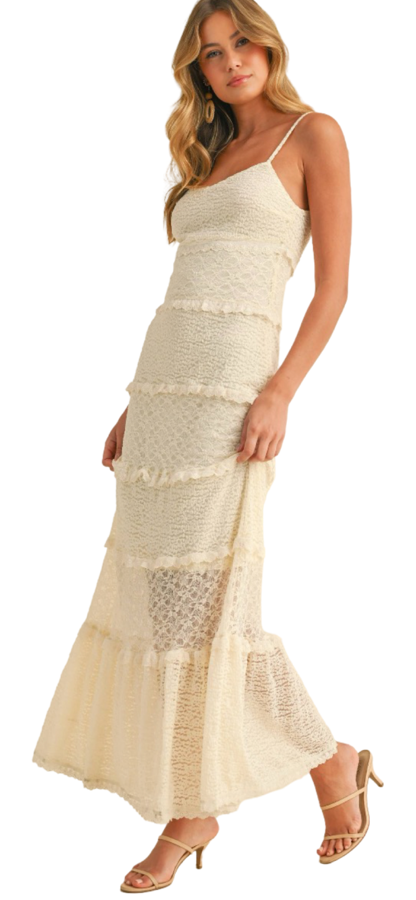 Apparel- Klesis Tiered Ruffled Lace Maxi Dress with Partial Lining