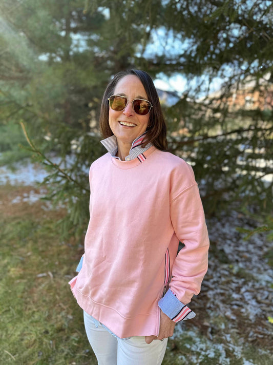 Apparel- Pearly Vine Danny Sweatshirt Pink w Navy, White & Pink Stripe Ribbon