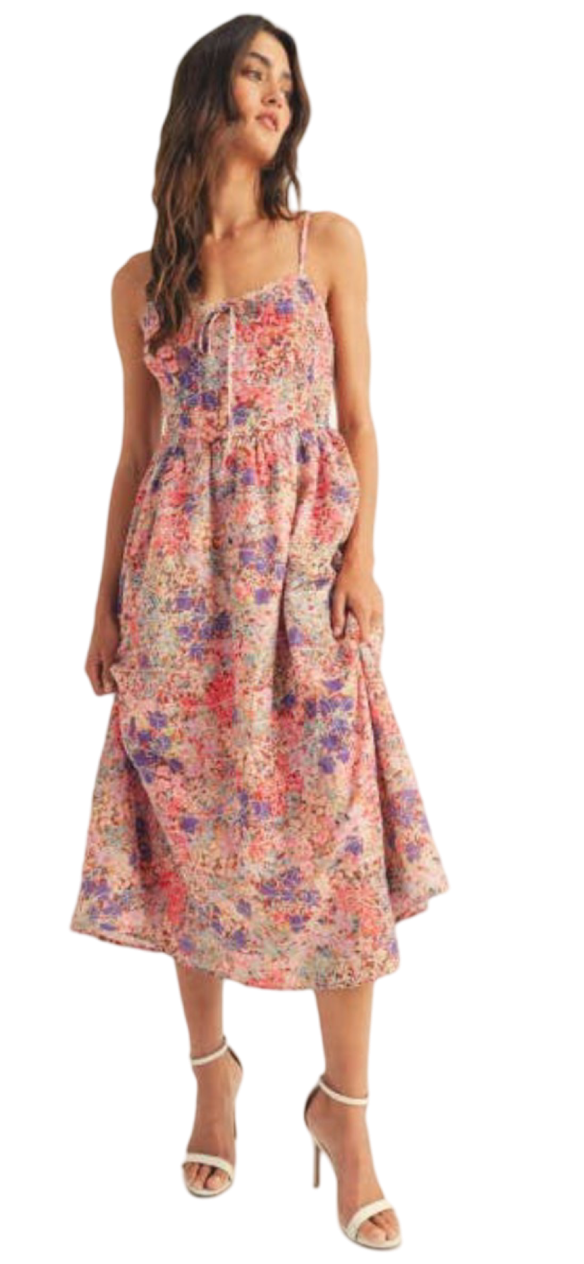 Apparel- Just Me Floral Print Smocked Bodice Midi Dress