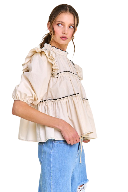 Apparel- In The Beginning Ruffled High Neck Top