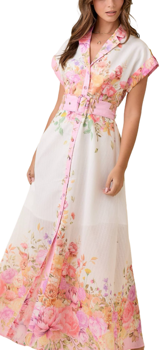 Apparel- Main Strip Floral Print Lapel Collar Button Down Maxi Dress