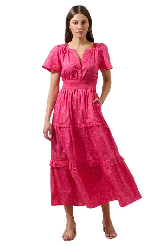 Apparel- Sugarlips Cerise Floral Palmer Poplin Tiered Maxi Dress